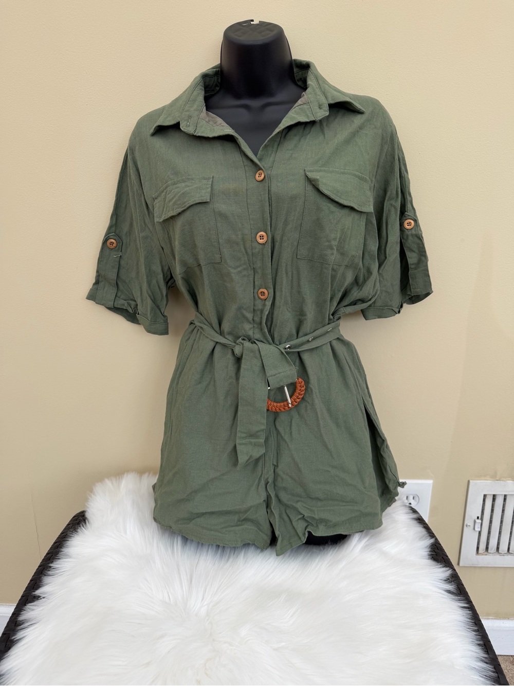 Fortunate One Utility Tie-Waist Romper in Olive Green